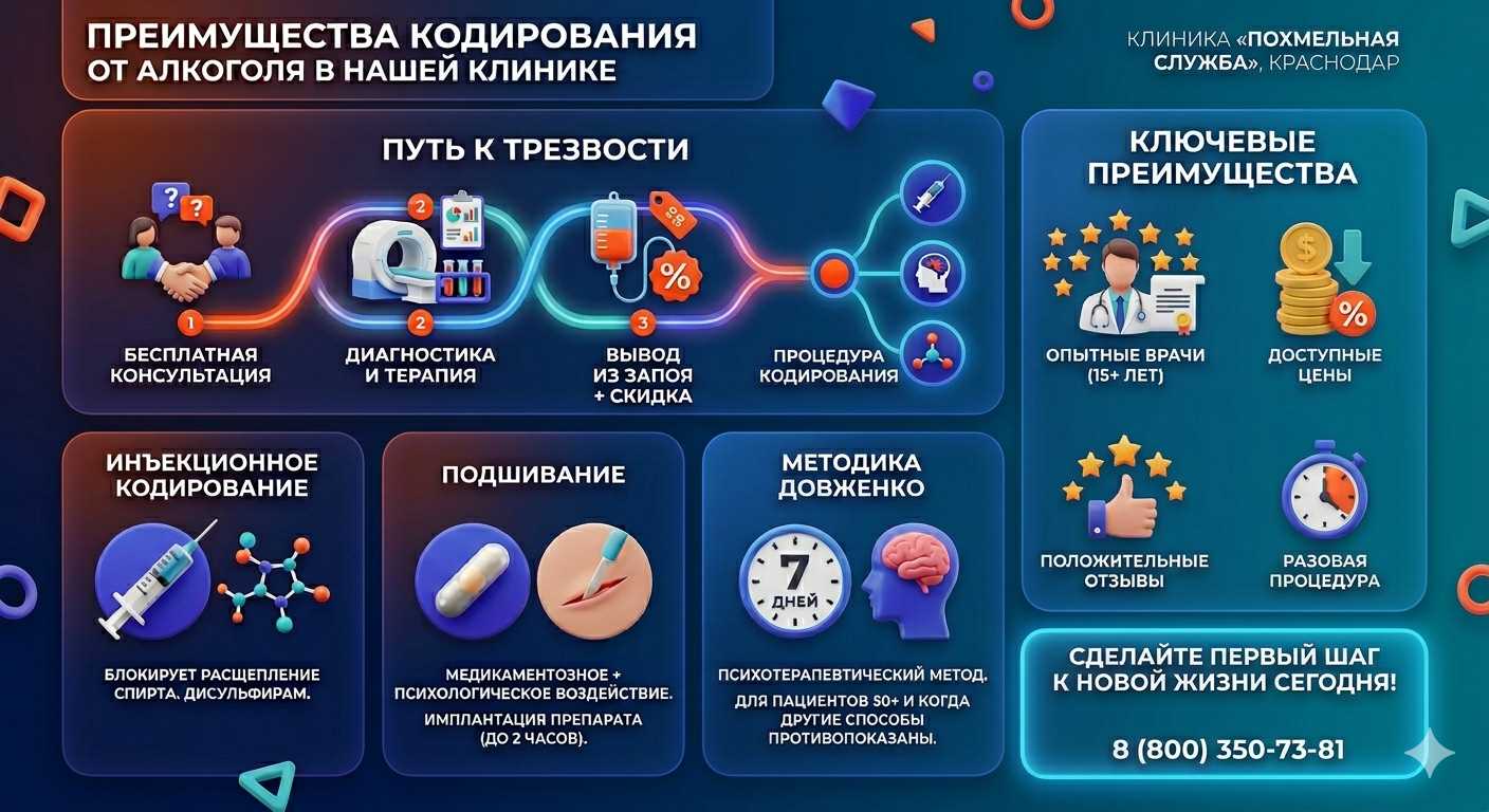 Инфографика о методах кодирования от алкоголя в Йошкар-Оле: инъекции, подшивание, метод Довженко. Преимущества клиники и этапы лечения.